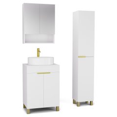   HD Paris Matt White 60 komplett fürdőszoba bútor szett álló mosdószekrénnyel, szálcsiszolt arany elemekkel, matt fehér mosdópulttal, tükrös szekrénnyel és magasszekrénnyel