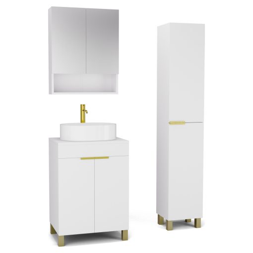 HD Paris Matt White 60 komplett fürdőszoba bútor szett álló mosdószekrénnyel, szálcsiszolt arany elemekkel, matt fehér mosdópulttal, tükrös szekrénnyel és magasszekrénnyel