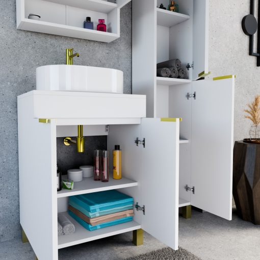 HD Paris Matt White 60 komplett fürdőszoba bútor szett álló mosdószekrénnyel, szálcsiszolt arany elemekkel, matt fehér mosdópulttal, tükrös szekrénnyel és magasszekrénnyel