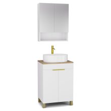 HD Paris Matt White 60 komplett fürdőszoba bútor álló mosdószekrénnyel, szálcsiszolt arany elemekkel, tölgyfa színű mosdópulttal és tükrös szekrénnyel