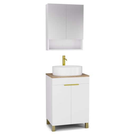 HD Paris Matt White 60 komplett fürdőszoba bútor álló mosdószekrénnyel, szálcsiszolt arany elemekkel, tölgyfa színű mosdópulttal és tükrös szekrénnyel