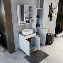 HD Paris Matt White 60 komplett fürdőszoba bútor álló mosdószekrénnyel, szálcsiszolt arany elemekkel, tölgyfa színű mosdópulttal és tükrös szekrénnyel