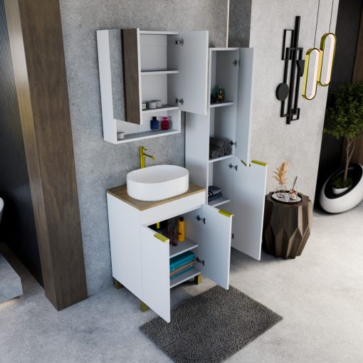 HD Paris Matt White 60 komplett fürdőszoba bútor álló mosdószekrénnyel, szálcsiszolt arany elemekkel, tölgyfa színű mosdópulttal és tükrös szekrénnyel