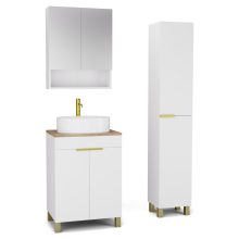 HD Paris Matt White 60 komplett fürdőszoba bútor szett álló mosdószekrénnyel, szálcsiszolt arany elemekkel, tölgyfa színű mosdópulttal, tükrös szekrénnyel és magasszekrénnyel