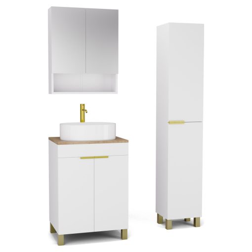 HD Paris Matt White 60 komplett fürdőszoba bútor szett álló mosdószekrénnyel, szálcsiszolt arany elemekkel, tölgyfa színű mosdópulttal, tükrös szekrénnyel és magasszekrénnyel