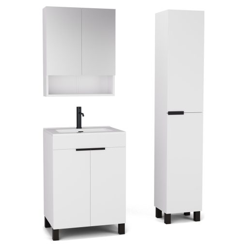 HD Paris Matt White 60 komplett fürdőszoba bútor szett álló mosdószekrénnyel, matt fekete elemekkel, fényes fehér slim mosdóval, tükrös szekrénnyel és magasszekrénnyel