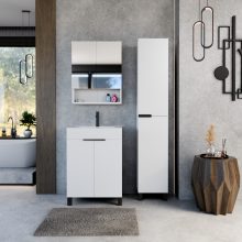 HD Paris Matt White 60 komplett fürdőszoba bútor szett álló mosdószekrénnyel, matt fekete elemekkel, fényes fehér slim mosdóval, tükrös szekrénnyel és magasszekrénnyel