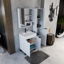 HD Paris Matt White 60 komplett fürdőszoba bútor szett álló mosdószekrénnyel, matt fekete elemekkel, fényes fehér slim mosdóval, tükrös szekrénnyel és magasszekrénnyel