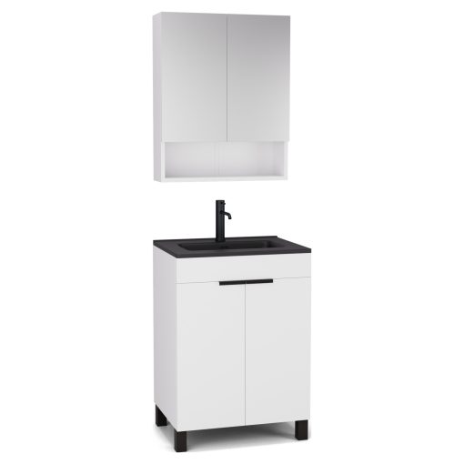 HD Paris Matt White 60 komplett fürdőszoba bútor álló mosdószekrénnyel, matt fekete elemekkel, matt fekete slim mosdóval és tükrös szekrénnyel