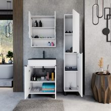 HD Paris Matt White 60 komplett fürdőszoba bútor álló mosdószekrénnyel, matt fekete elemekkel, matt fekete slim mosdóval és tükrös szekrénnyel