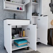 HD Paris Matt White 60 komplett fürdőszoba bútor álló mosdószekrénnyel, matt fekete elemekkel, matt fekete slim mosdóval és tükrös szekrénnyel