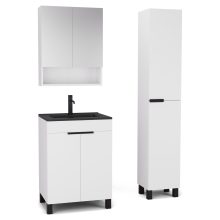 HD Paris Matt White 60 komplett fürdőszoba bútor szett álló mosdószekrénnyel, matt fekete elemekkel, matt fekete slim mosdóval, tükrös szekrénnyel és magasszekrénnyel