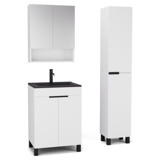 HD Paris Matt White 60 komplett fürdőszoba bútor szett álló mosdószekrénnyel, matt fekete elemekkel, matt fekete slim mosdóval, tükrös szekrénnyel és magasszekrénnyel