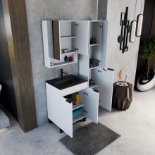 HD Paris Matt White 60 komplett fürdőszoba bútor szett álló mosdószekrénnyel, matt fekete elemekkel, matt fekete slim mosdóval, tükrös szekrénnyel és magasszekrénnyel