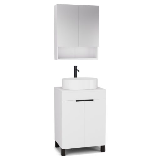 HD Paris Matt White 60 komplett fürdőszoba bútor álló mosdószekrénnyel, matt fekete elemekkel, matt fehér mosdópulttal és tükrös szekrénnyel