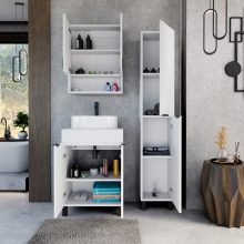 HD Paris Matt White 60 komplett fürdőszoba bútor álló mosdószekrénnyel, matt fekete elemekkel, matt fehér mosdópulttal és tükrös szekrénnyel