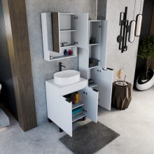 HD Paris Matt White 60 komplett fürdőszoba bútor álló mosdószekrénnyel, matt fekete elemekkel, matt fehér mosdópulttal és tükrös szekrénnyel