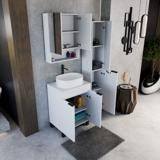 HD Paris Matt White 60 komplett fürdőszoba bútor álló mosdószekrénnyel, matt fekete elemekkel, matt fehér mosdópulttal és tükrös szekrénnyel