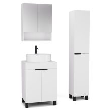 HD Paris Matt White 60 komplett fürdőszoba bútor szett álló mosdószekrénnyel, matt fekete elemekkel, matt fehér mosdópulttal, tükrös szekrénnyel és magasszekrénnyel