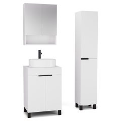   HD Paris Matt White 60 komplett fürdőszoba bútor szett álló mosdószekrénnyel, matt fekete elemekkel, matt fehér mosdópulttal, tükrös szekrénnyel és magasszekrénnyel