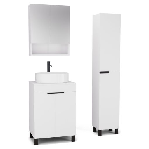 HD Paris Matt White 60 komplett fürdőszoba bútor szett álló mosdószekrénnyel, matt fekete elemekkel, matt fehér mosdópulttal, tükrös szekrénnyel és magasszekrénnyel