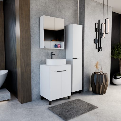 HD Paris Matt White 60 komplett fürdőszoba bútor szett álló mosdószekrénnyel, matt fekete elemekkel, matt fehér mosdópulttal, tükrös szekrénnyel és magasszekrénnyel