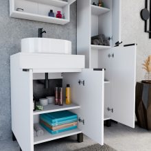 HD Paris Matt White 60 komplett fürdőszoba bútor szett álló mosdószekrénnyel, matt fekete elemekkel, matt fehér mosdópulttal, tükrös szekrénnyel és magasszekrénnyel