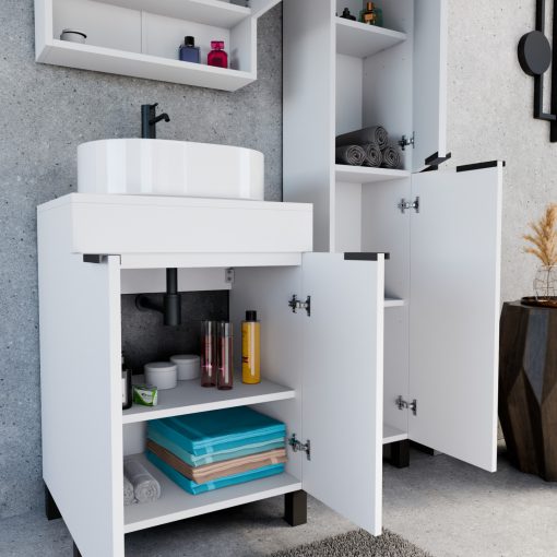 HD Paris Matt White 60 komplett fürdőszoba bútor szett álló mosdószekrénnyel, matt fekete elemekkel, matt fehér mosdópulttal, tükrös szekrénnyel és magasszekrénnyel