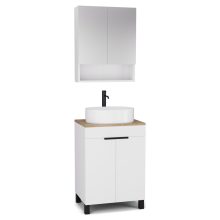 HD Paris Matt White 60 komplett fürdőszoba bútor álló mosdószekrénnyel, matt fekete elemekkel, tölgyfa színű mosdópulttal és tükrös szekrénnyel