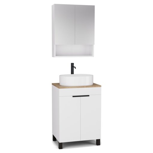 HD Paris Matt White 60 komplett fürdőszoba bútor álló mosdószekrénnyel, matt fekete elemekkel, tölgyfa színű mosdópulttal és tükrös szekrénnyel