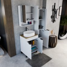 HD Paris Matt White 60 komplett fürdőszoba bútor álló mosdószekrénnyel, matt fekete elemekkel, tölgyfa színű mosdópulttal és tükrös szekrénnyel