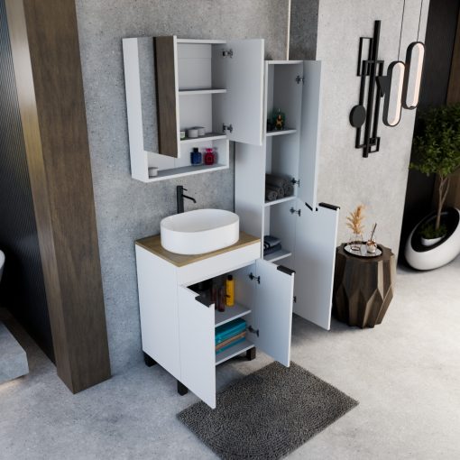 HD Paris Matt White 60 komplett fürdőszoba bútor álló mosdószekrénnyel, matt fekete elemekkel, tölgyfa színű mosdópulttal és tükrös szekrénnyel