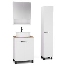 HD Paris Matt White 60 komplett fürdőszoba bútor szett álló mosdószekrénnyel, matt fekete elemekkel, tölgyfa színű mosdópulttal, tükrös szekrénnyel és magasszekrénnyel