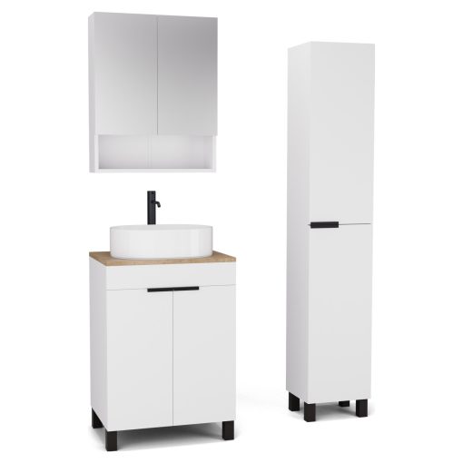 HD Paris Matt White 60 komplett fürdőszoba bútor szett álló mosdószekrénnyel, matt fekete elemekkel, tölgyfa színű mosdópulttal, tükrös szekrénnyel és magasszekrénnyel