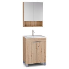 HD Paris Oak 60 komplett fürdőszoba bútor álló mosdószekrénnyel, fényes króm elemekkel, fényes fehér slim mosdóval és tükrös szekrénnyel