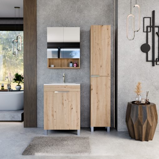 HD Paris Oak 60 komplett fürdőszoba bútor álló mosdószekrénnyel, fényes króm elemekkel, fényes fehér slim mosdóval és tükrös szekrénnyel