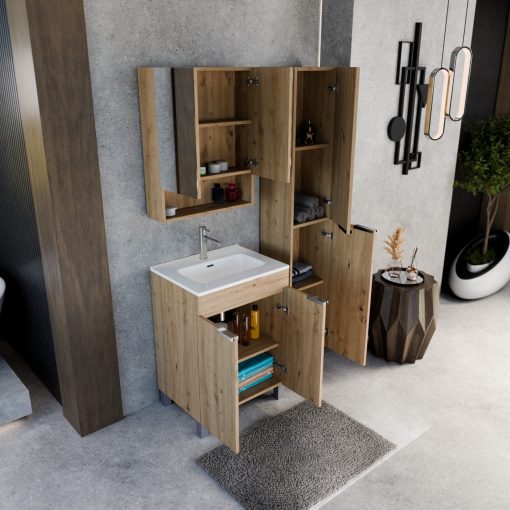 HD Paris Oak 60 komplett fürdőszoba bútor álló mosdószekrénnyel, fényes króm elemekkel, fényes fehér slim mosdóval és tükrös szekrénnyel