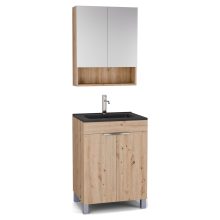 HD Paris Oak 60 komplett fürdőszoba bútor álló mosdószekrénnyel, fényes króm elemekkel, matt fekete slim mosdóval és tükrös szekrénnyel