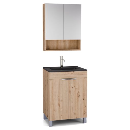 HD Paris Oak 60 komplett fürdőszoba bútor álló mosdószekrénnyel, fényes króm elemekkel, matt fekete slim mosdóval és tükrös szekrénnyel