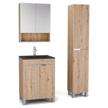 HD Paris Oak 60 komplett fürdőszoba bútor szett álló mosdószekrénnyel, fényes króm elemekkel, matt fekete slim mosdóval, tükrös szekrénnyel és magasszekrénnyel