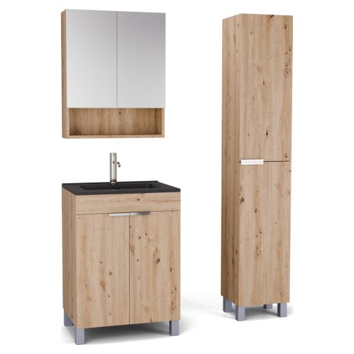 HD Paris Oak 60 komplett fürdőszoba bútor szett álló mosdószekrénnyel, fényes króm elemekkel, matt fekete slim mosdóval, tükrös szekrénnyel és magasszekrénnyel
