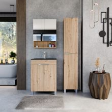 HD Paris Oak 60 komplett fürdőszoba bútor szett álló mosdószekrénnyel, fényes króm elemekkel, matt fekete slim mosdóval, tükrös szekrénnyel és magasszekrénnyel