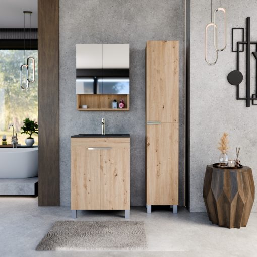 HD Paris Oak 60 komplett fürdőszoba bútor szett álló mosdószekrénnyel, fényes króm elemekkel, matt fekete slim mosdóval, tükrös szekrénnyel és magasszekrénnyel