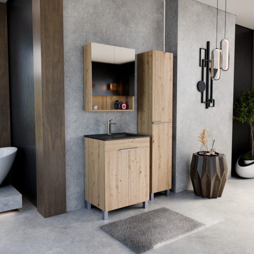 HD Paris Oak 60 komplett fürdőszoba bútor szett álló mosdószekrénnyel, fényes króm elemekkel, matt fekete slim mosdóval, tükrös szekrénnyel és magasszekrénnyel