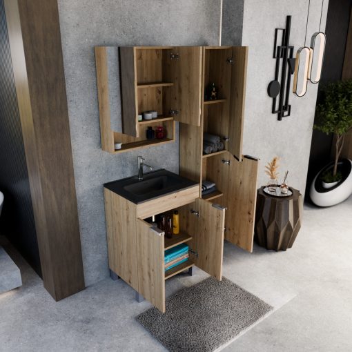 HD Paris Oak 60 komplett fürdőszoba bútor szett álló mosdószekrénnyel, fényes króm elemekkel, matt fekete slim mosdóval, tükrös szekrénnyel és magasszekrénnyel