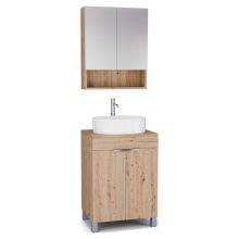 HD Paris Oak 60 komplett fürdőszoba bútor álló mosdószekrénnyel, fényes króm elemekkel, tölgyfa színű mosdópulttal és tükrös szekrénnyel