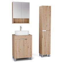 HD Paris Oak 60 komplett fürdőszoba bútor szett álló mosdószekrénnyel, fényes króm elemekkel, tölgyfa színű mosdópulttal, tükrös szekrénnyel és magasszekrénnyel