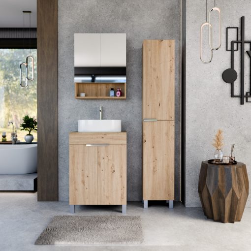 HD Paris Oak 60 komplett fürdőszoba bútor szett álló mosdószekrénnyel, fényes króm elemekkel, tölgyfa színű mosdópulttal, tükrös szekrénnyel és magasszekrénnyel