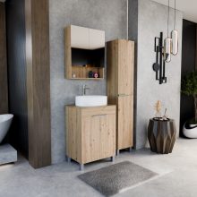 HD Paris Oak 60 komplett fürdőszoba bútor szett álló mosdószekrénnyel, fényes króm elemekkel, tölgyfa színű mosdópulttal, tükrös szekrénnyel és magasszekrénnyel