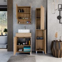 HD Paris Oak 60 komplett fürdőszoba bútor szett álló mosdószekrénnyel, fényes króm elemekkel, tölgyfa színű mosdópulttal, tükrös szekrénnyel és magasszekrénnyel